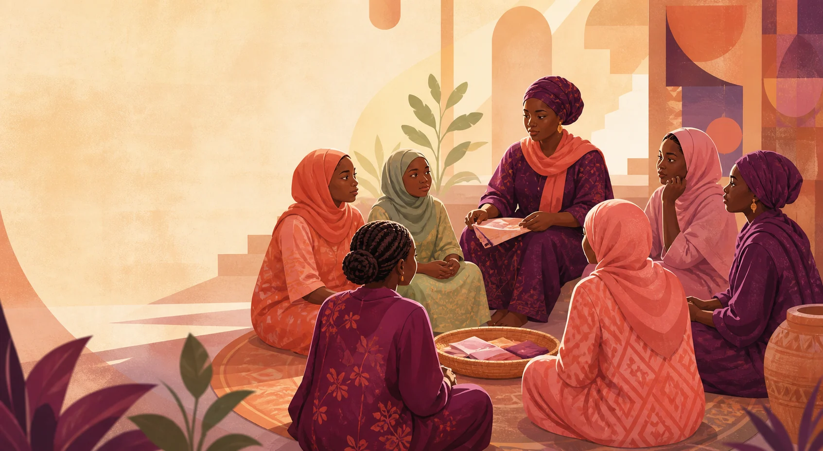 Editorial illustration of Nigerian women and girls in a supportive community learning circle